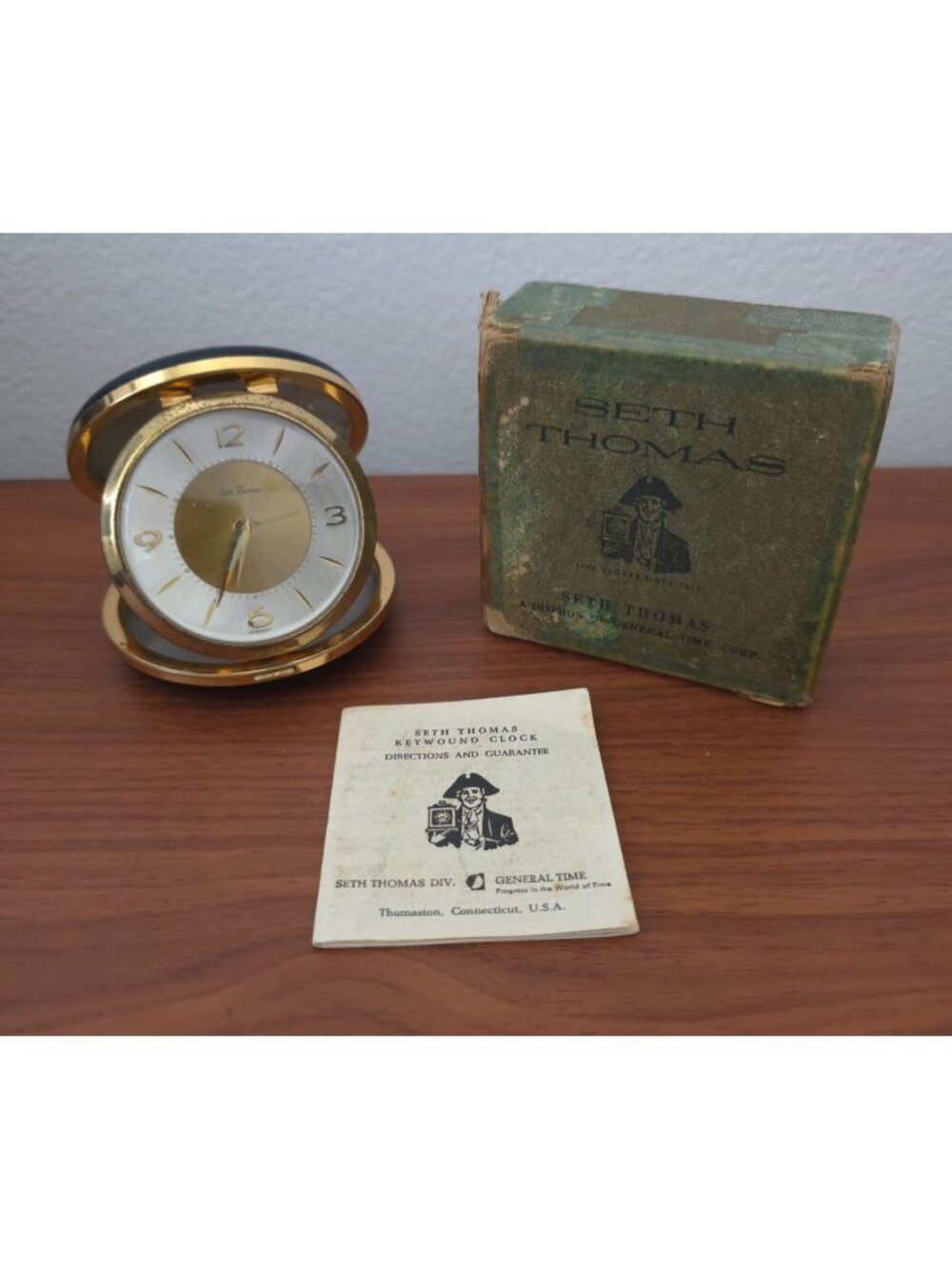 VTG Seth Thomas Keywound Alarm Clock Gold & Black Original Box Germany - WORKS